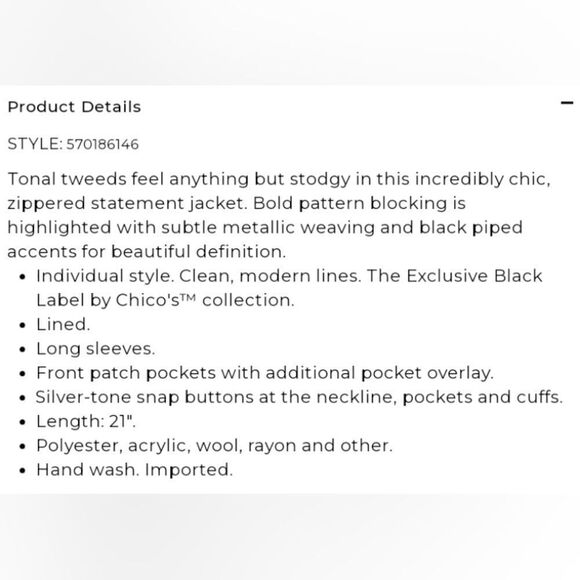 Chicos black label coated black white tweed jacket color block size 1 - Picture 7 of 10